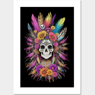 skull with flower and feathers Posters and Art